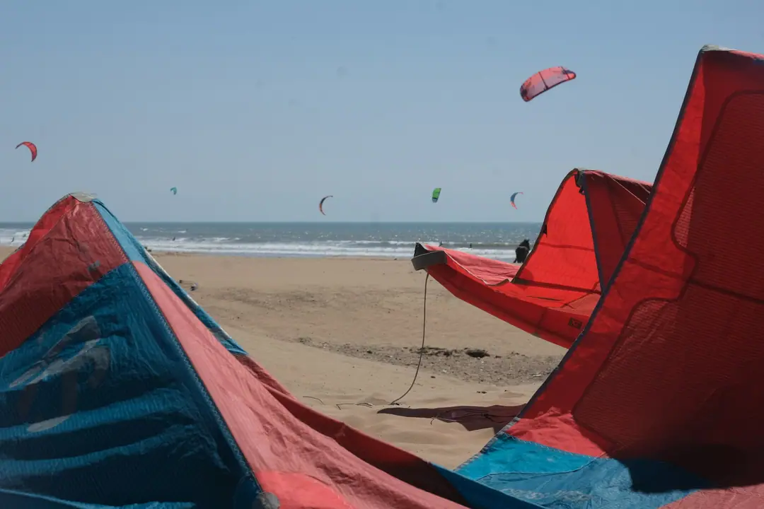 Kites laid out on the sand of Essaouira beach, more kites flying over the bay