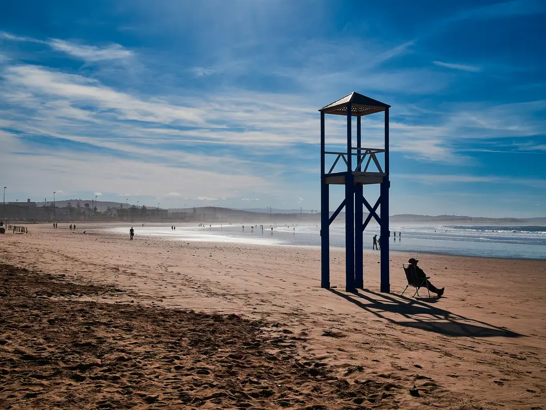 A lifeguard tower on the wide sands of Essaouira beach