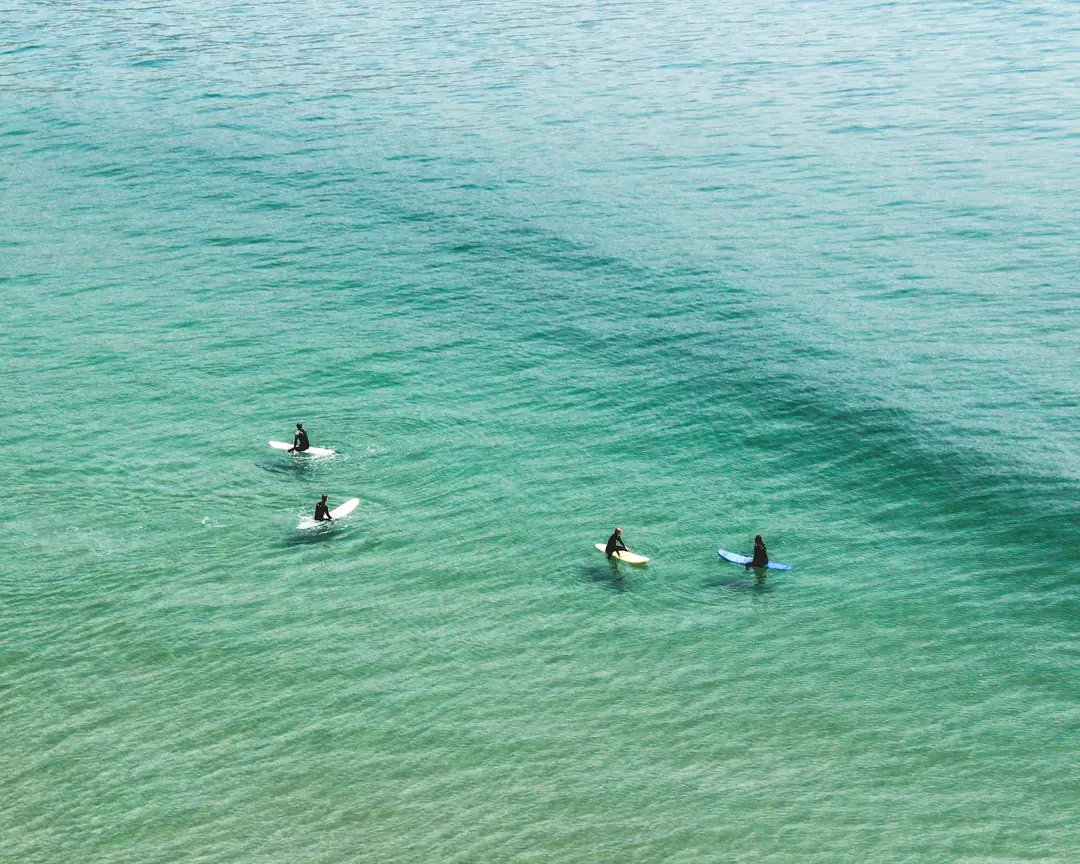 Aerial view of four surfers waiting for a wave in clear turquoise water